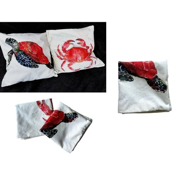 Sea Turtle Crab Throw Pillow Cover Hand Painted Art Deco Chair Beach House READ - Picture 9 of 12